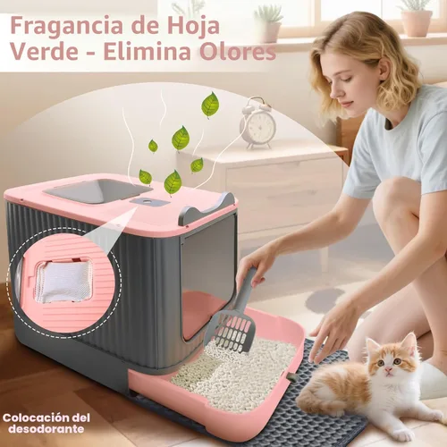 Vista 7 de Caja de arena para gatos con tapete de arena, caja de arena grande de 17"x14"x13" para gatos grandes, cajas de arena cerradas extraíbles, caja