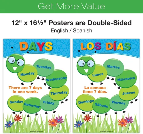 Vista 2 de 20 Carteles Educativos Grandes para Niños Pequeños (16.5x12 pulgadas Doble Cara Inglés/Español) Alfabeto Colores Letras Números Formas Meses Días