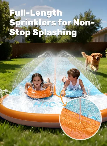Vista 3 de Sloosh Tobogán acuático de 32.5 pies con 2 tablas inflables, aspersor de agua de doble carril para niños, adultos, patio trasero, juguete de verano