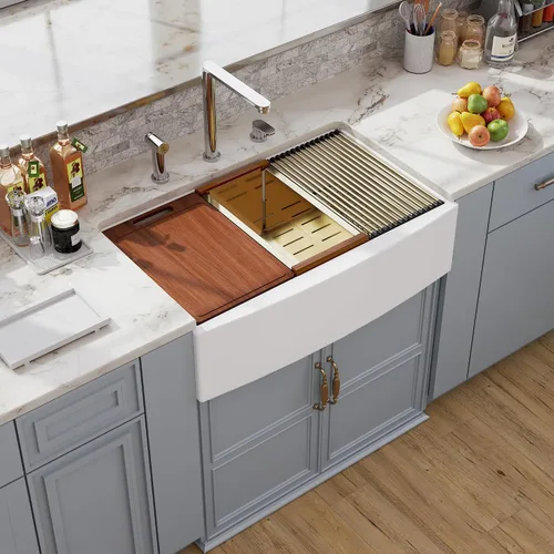 Vista 13 de Farm - Fregadero de cocina reversible con 24 unidades, color blanco, 24 x 18 pulgadas, delantal frontal de porcelana blanca, de cerámica y arcilla