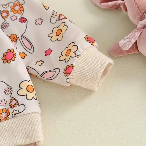 Vista 5 de Conjunto de 2 piezas de sudadera con estampado de conejito de manga larga para bebés, niños y niñas, 2 piezas, ropa de primavera para bebés