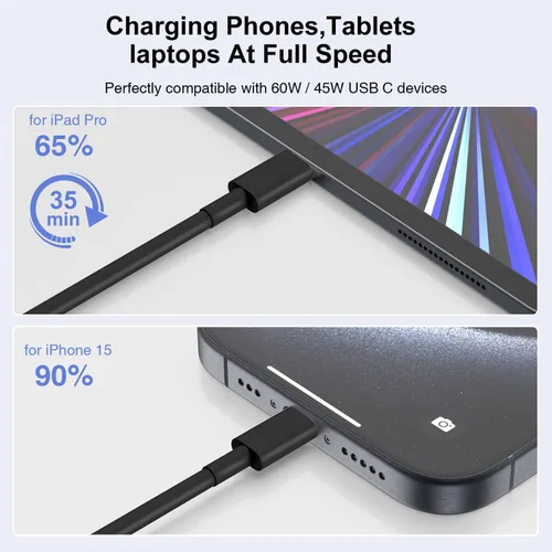 Vista 3 de Hzevn Cable de carga USB C de 60 W para MacBook Pro/Air y iPhone 16/15 Pro Max, certificado MFi 20V/3A, cable de carga súper rápido de 6 pies + 10
