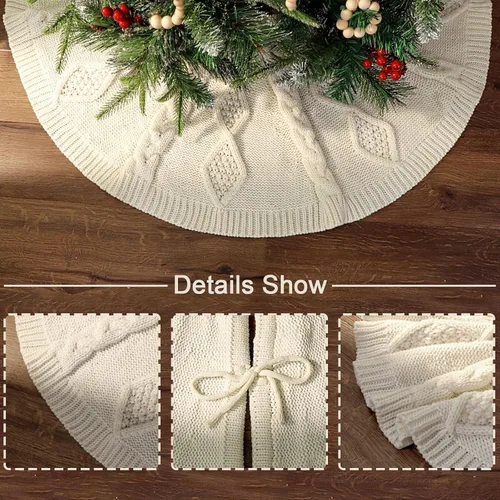 Vista 2 de Falda de árbol de Navidad de 48 pulgadas: Falda de árbol de punto de cable trenzado en diamante para árbol de 7.5 pies, falda de árbol blanco crema