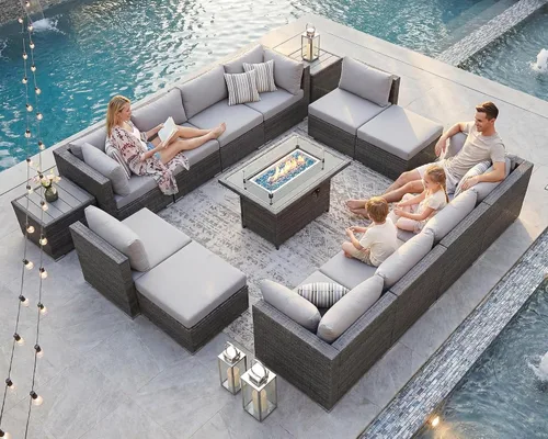 Vista 17 de NICESOUL Juego de muebles de patio de ratán extra grande con mesa para fogata de gas y propano, 29.3 pulgadas, respaldo alto, cómodos conversaciones