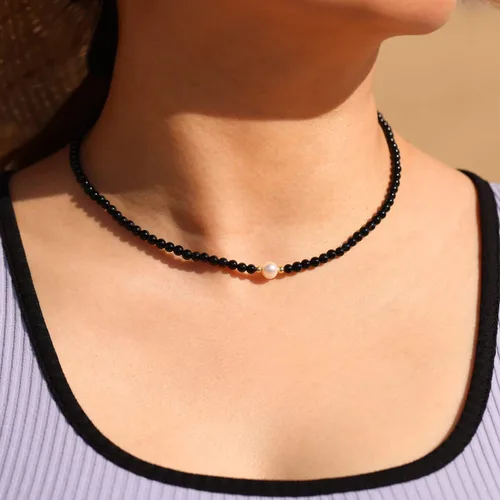 Vista 5 de Jewever Gargantilla de perlas cultivadas de agua dulce con ágata negra para mujer, cristales y piedras curativas, regalo de joyería, collar