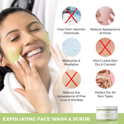 Vista 2 de Teami Exfoliante facial de té verde Matcha para hidratar, hidratar y exfoliar, exfoliante natural corporal y facial orgánico exfoliante de azúcar