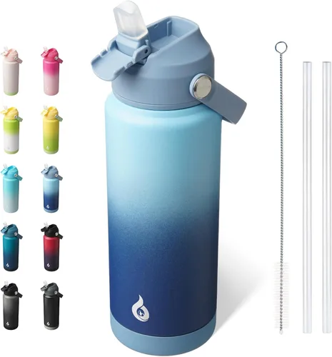 Vista 11 de BJPKPK - Botella de agua aislada con tapa de popote, 532 ml Botellas termo con boquilla suave, asa flexible y base antideslizante, libre de BPA, a