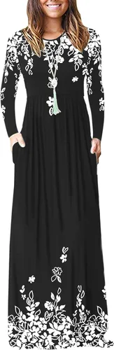 Vista 40 de Vestido de manga larga para mujer, holgado, liso, largo, estilo informal, con bolsillos. 01-verde militar