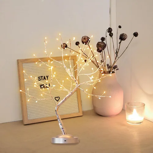 Vista 4 de Lámpara de mesa de árbol de hadas de color blanco cálido, árbol de Navidad con ramas iluminadas con luces brillantes, funciona