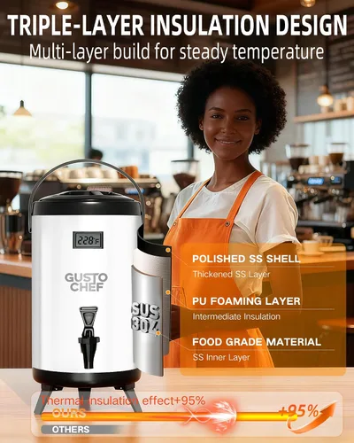 Vista 4 de Dispensador de bebidas aislado – Dispensador térmico de té frío y caliente – Acero inoxidable de 12 L/3.2 galones con espita para té, café, leche