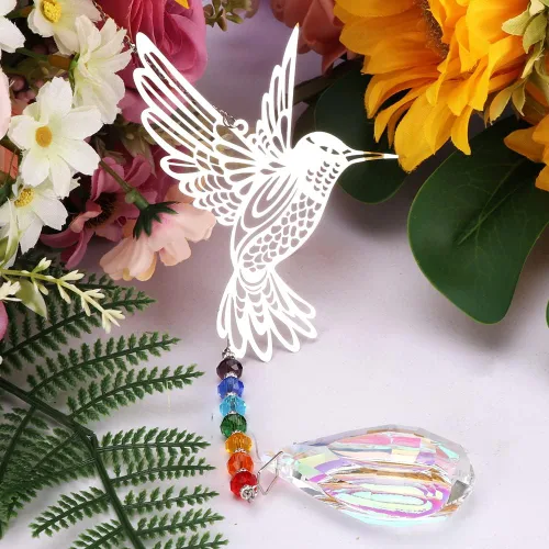 Vista 9 de Atrapasoles de cristal, 7 prismas de bola de cristales coloridos, colgantes de cristal con mariposa, libélula colibrí, adorno colgante de ventana