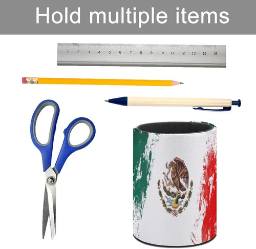 Vista 5 de Soporte para lápices de piel sintética con bandera de México, organizador de escritorio, soporte para brochas de maquillaje para oficina en casa
