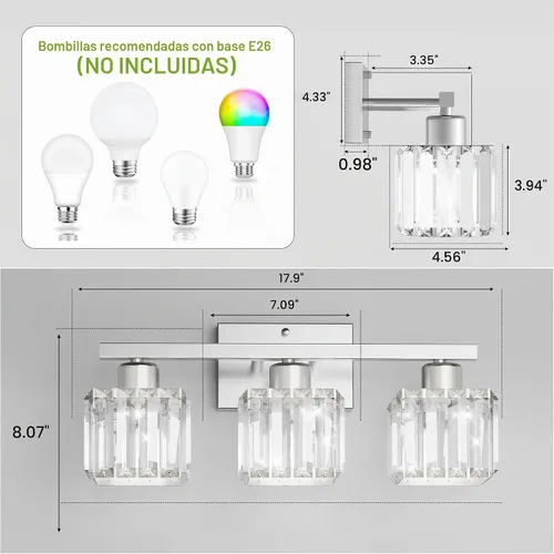 Vista 2 de comzler Lámparas de baño de 3 luces sobre espejo, lámpara de pared de cristal de níquel cepillado con base E26 para espejo, cocina, sala de estar