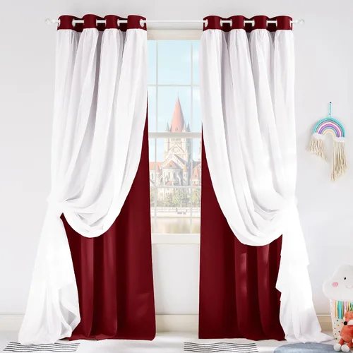 Vista 32 de PONY DANCE Cortinas Opacas con Superposición de Gasa, Cortinas de Doble Capa con Aislamiento Térmico Mix & Match para Oscurecer Habitaciones