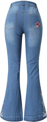 Vista 7 de Jeans acampanados con bordado floral para mujer, jeans elásticos acampanados, talla grande, pantalones de mezclilla de pierna ancha Y2k