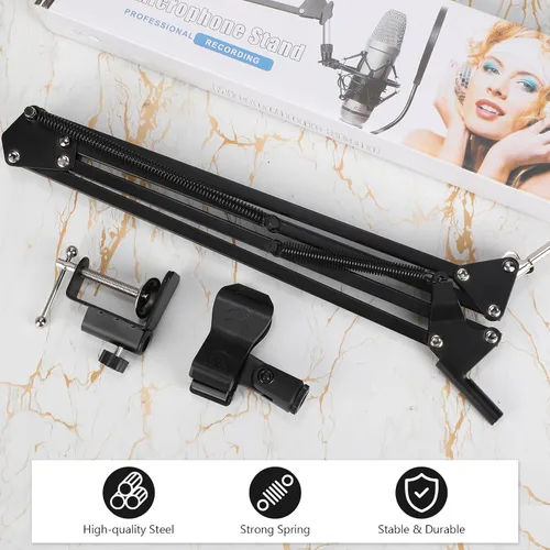 Vista 5 de Leinuosen Soporte de micrófono de escritorio con brazo de micrófono Boom con abrazadera de montaje de tornillo de 3/8 pulgadas, adaptador