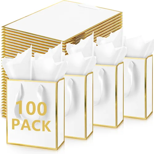 Vista 35 de Yeaqee Paquete de 100 bolsas metálicas de regalo con asa y papel de seda de papel de seda dorado para graduación, boda, padrinos de boda, regalos