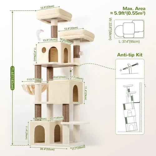 Vista 6 de Globlazer Árbol para gatos alto, torre para gatos de 71 pulgadas para gatos adultos de interior, multinivel, 3 condominios para gatos