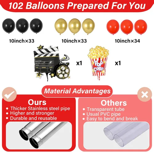 Vista 3 de Juego de 2 soportes de columna de globos nocturnos de película con 102 globos de aluminio de palomitas de maíz, soporte de torre ajustable de 5.57