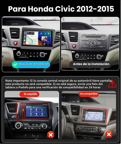 Vista 2 de Estéreo de coche para Honda Civic 2012 2013 2014 2015 con CarPlay inalámbrico Radio con 9 pulgadas 1080 p Android Auto Bluetooth GPS 16EQ HiFi SWC