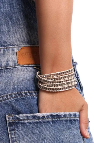 Vista 5 de KELITCH Pulsera de 5 envolturas con cuentas de cristal gris de moda, pulseras de amistad de cuero, joyería para mujer, Cristal, Ágata