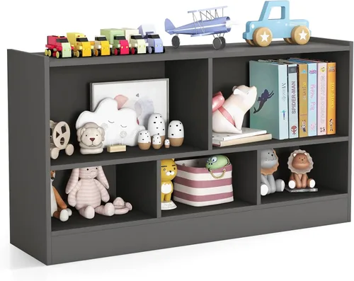 Vista 11 de KOTEK Organizador de almacenamiento de juguetes, estantería infantil de 5 cubos, estantería de madera de 3 niveles, estante abierto para guardería