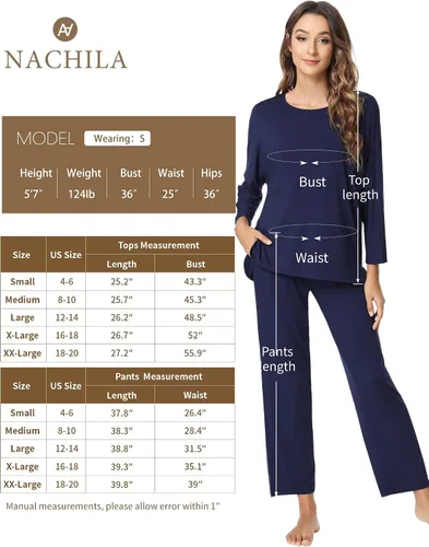 Vista 2 de NACHILA Conjunto de pijama de manga larga para mujer, pantalones largos suaves de bambú con bolsillos, S-XL