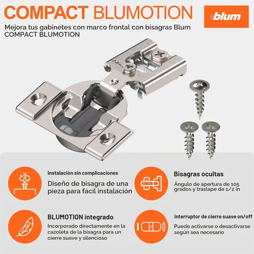 Vista 2 de Blum 38N355BE08s Bisagra compacta de cierre suave de 1/2 pulgada con revestimiento Blumotion, acabado en níquel