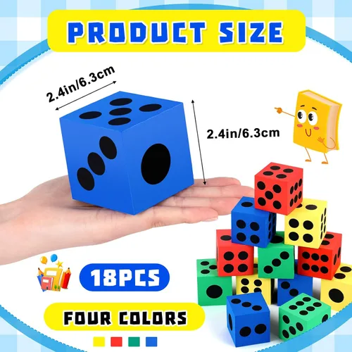 Vista 2 de Meooeck Paquete de 18 dados grandes de espuma de 2.48 pulgadas, coloridos dados jumbo con bolsa de almacenamiento para actividades educativas