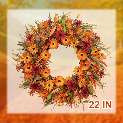 Vista 8 de J'FLORU Corona artificial de otoño de 22 pulgadas, coronas de otoño para puerta delantera, corona de margaritas naranjas con bayas silvestres