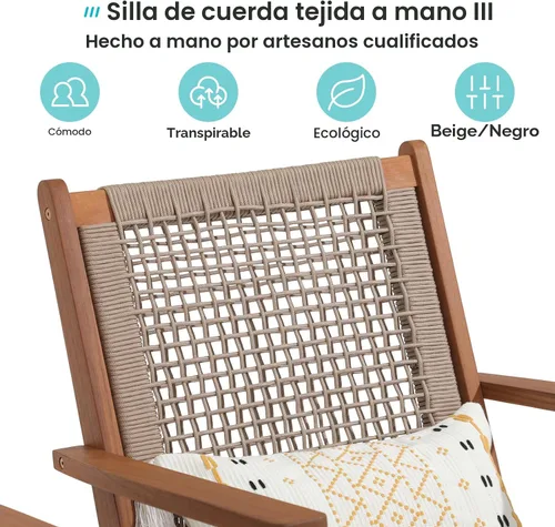 Vista 3 de Verano Garden Juego de 2 sillas de patio, sillón moderno de madera de acacia con cuerda tejida a mano para patio, sala de estar, dormitorio, balcón