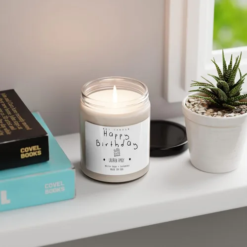 Vista 3 de NHI - Vela personalizada de feliz cumpleaños, vela con nombre personalizado, vela perfumada de cera de soja para el hogar, tarro transparente de 9
