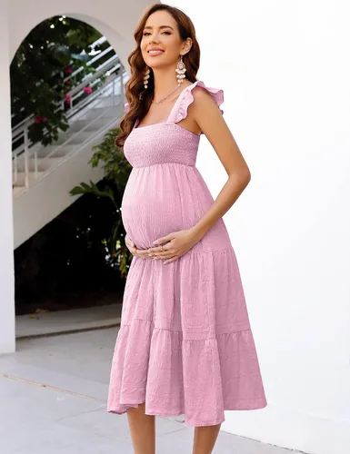 Vista 2 de KOJOOIN Vestido de maternidad para mujer, sin mangas, cuello cuadrado, volantes, casual, bohemio, vestido midi para baby shower, sesión de fotos