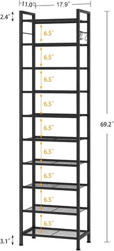 Vista 3 de usikey Zapatero de 10 niveles estrecho 20-30 pares, estante de zapatos alto y resistente de metal con 4 ganchos, almacenamiento delgado de zapatos