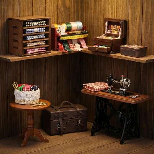 Vista 5 de Accesorios para casa de muñecas, kit de herramientas de costura en miniatura, accesorios para sala de coser, cesta de costura, modelo de simulación