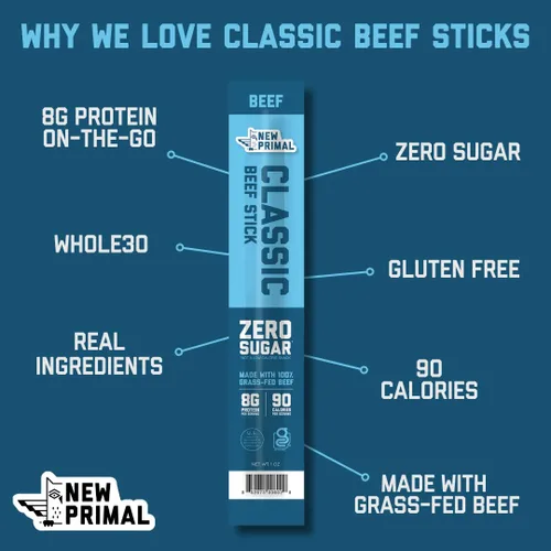Vista 4 de The New Primal Palito de carne de res clásico, aprobado por Whole30, Paleo, Keto, básico de despensa, certificado sin gluten, bajo en carbohidratos