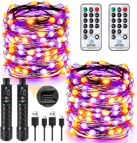 Vista 8 de BrizLabs luces de Halloween moradas y naranjas, guirnalda de luces de 17.48 pies con 50 LED para Halloween, con control remoto, 8 modos