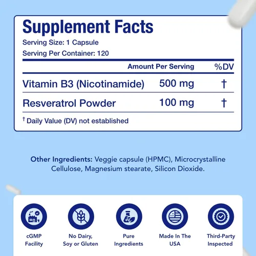 Vista 4 de Resveratrol con vitamina B3 Nicotinamida 500mg Precursor NAD+ y complejo de longevidad con forma de nicotinamida de vitamina B3 Niacina sin