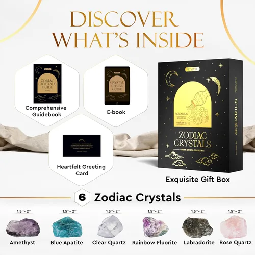 Vista 2 de Wyspell Juego de Cristales de Acuario – 6 Cristales de Acuario en Bruto y Piedras Curativas – Regalos de Acuario para Mujeres – Regalos