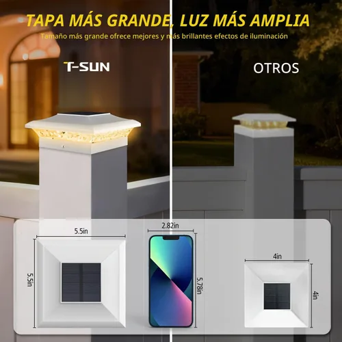 Vista 3 de T-SUN Luces de Tapa de Poste 4x4 Paquete de 6 para Cerca de Vinilo/Madera, Exterior Impermeable Blanco Cálido y Frío, Luces Solares de Poste