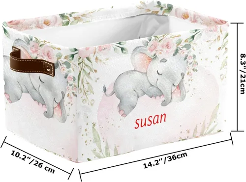 Vista 2 de Cesta de almacenamiento personalizada con diseño de elefante y flores rosas con nombre, caja de almacenamiento grande con asas para el hogar