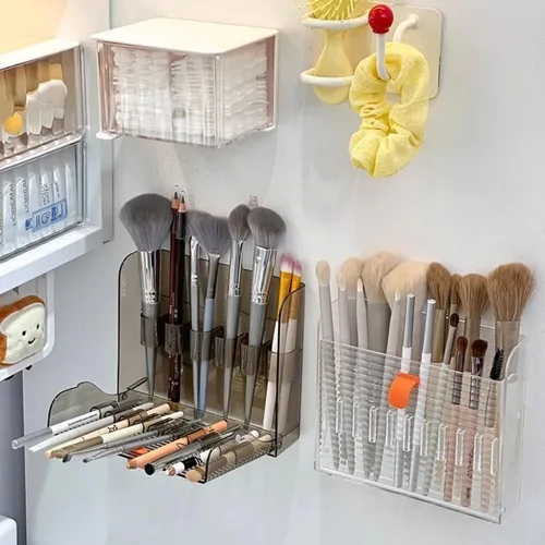 Vista 3 de Organizadores de maquillaje montados en la pared, soporte organizador de delineador de ojos de 16 ranuras, diseño abierto de fácil acceso, estante