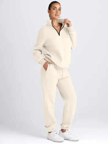 Vista 4 de AUTOMET Conjunto deportivo de 2 piezas para mujer, manga larga, media cremallera y pantalones deportivos holgados con bolsillos