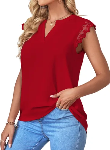 Vista 3 de LYANER Blusa elegante sin mangas con cuello en V y ribete de encaje para mujer