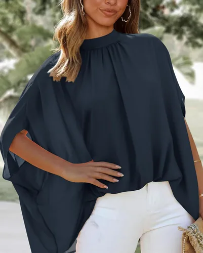 Vista 128 de BTFBM Blusas de verano para mujer, cuello alto falso, manga murciélago, holgadas, dobladillo alto y bajo, blusas informales de gran
