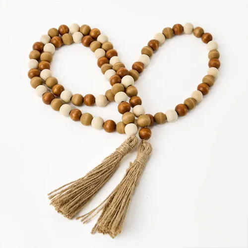 Vista 7 de OMISHE Guirnalda de cuentas de madera de 59 pulgadas con borlas, cuentas decorativas, guirnalda de cuentas de madera de granja para colgar