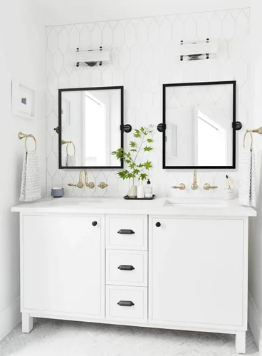 Vista 12 de Espejo rectangular de baño con marco de metal dorado cepillado, espejos de tocador biselados inclinables para pared, total 23.9 x 24 pulgadas