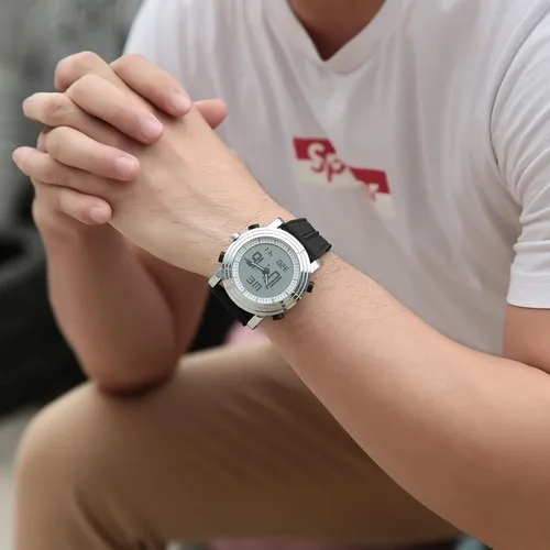 Vista 6 de BUREI - Reloj deportivo analógico digital con cronómetro, alarma, luz LED y correa de goma, para hombre