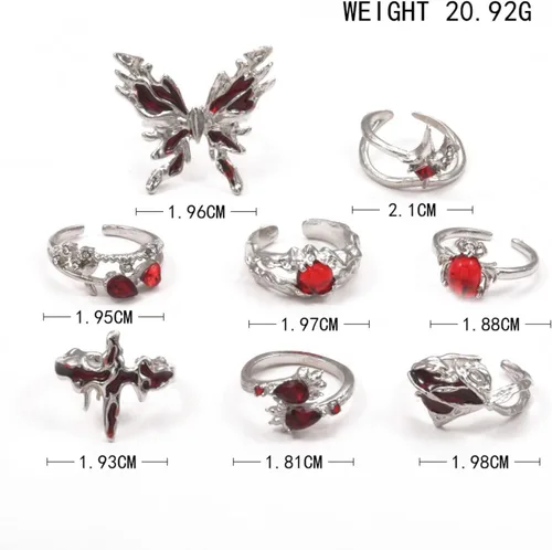 Vista 3 de Juego de anillos de nudillos plateados vintage para mujer, anillo de mariposa roja con piedras preciosas rojas, anillo punk gótico de araña, anillos