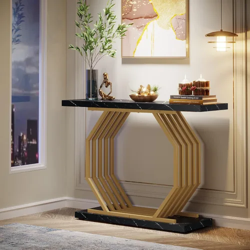 Vista 2 de LITTLE TREE Mesa consola dorada de 40 pulgadas, mesa de entrada de mármol sintético, mesa de sofá estrecha, mesa decorativa moderna para sala